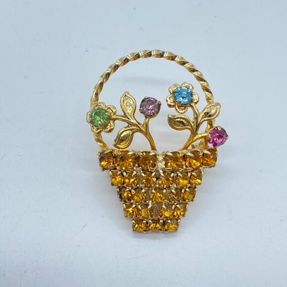 Vtg Gold Tone Rhinestone Floral Basket Brooch Pin Multicolor 1 Piece UV Reactive - Picture 3 of 10